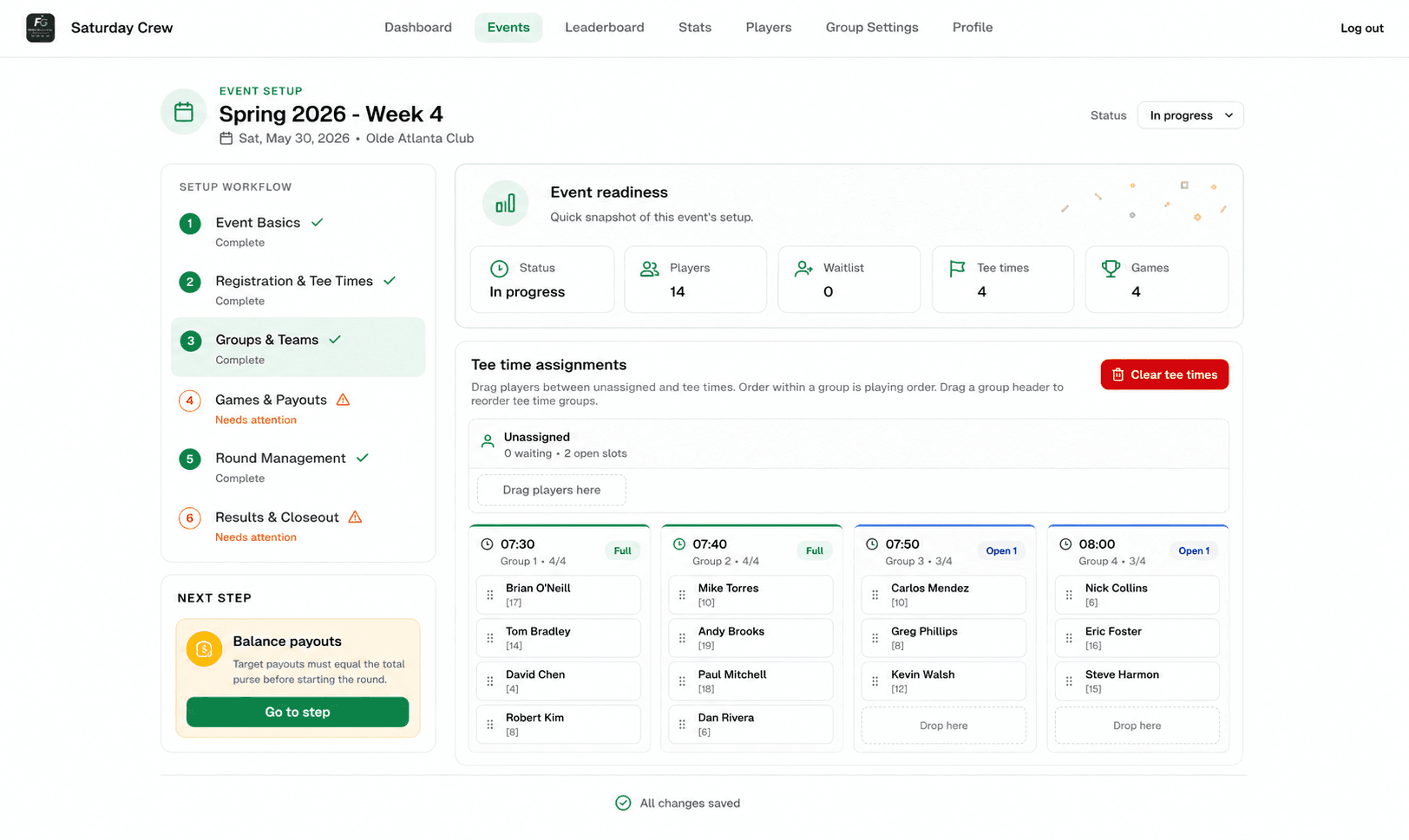 ForeGroups event setup screen with tee times, games, and payout preview